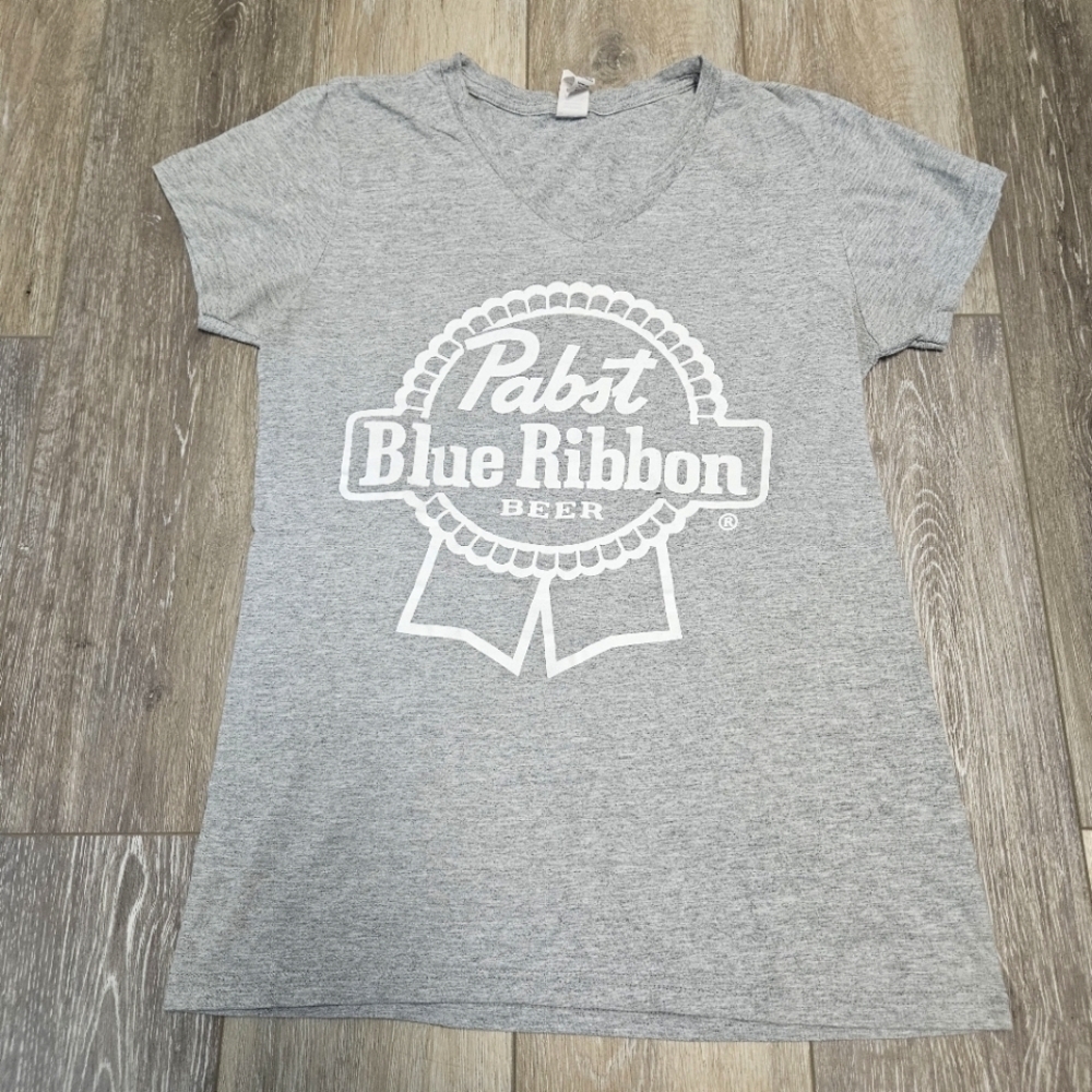 Pabst Blue Ribbon Fitted Short Sleeve Tee Shirt Grey White Women's Small Casual